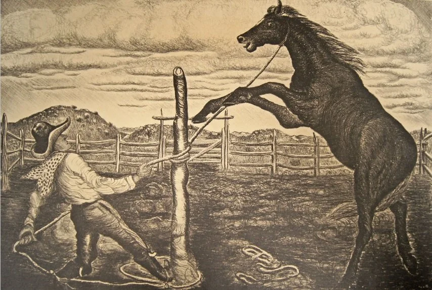 Merritt Mauzey (American 1897-1973) “Snubbing Post, 1917” ca. 1938-1953, edition of 20, lithograph on paper, gift of Betty M. Dean, 2008 (11 1/4 ‘’ H x 16 7/8’’ W) 