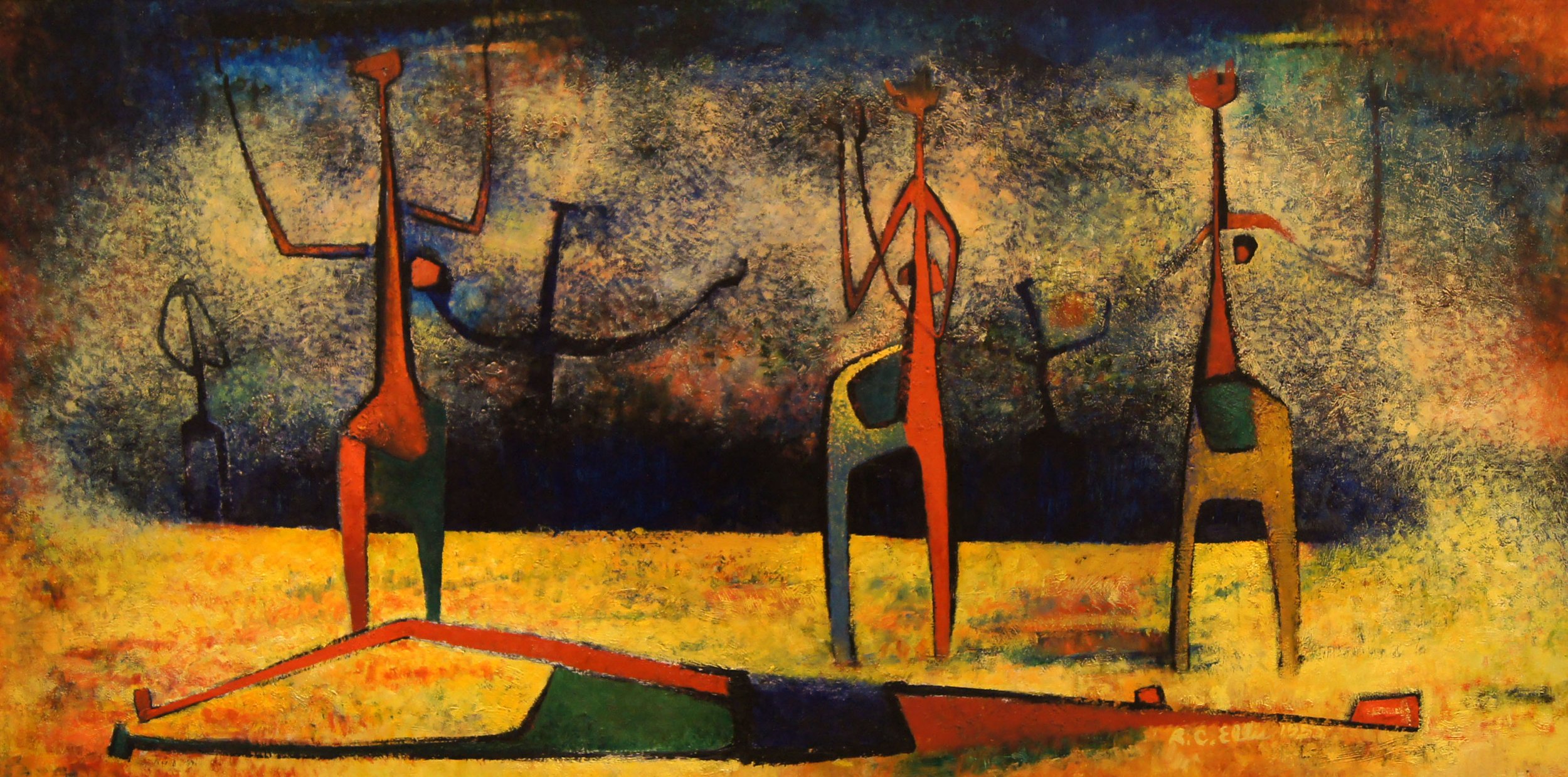 Robert C. Ellis (American 1923-1979) “Grief”, 1953, oil on masonite board, gift of Rosa Ellis-Clark, 2000 (23 ¼’’ H x 47 ¼’’ W) 