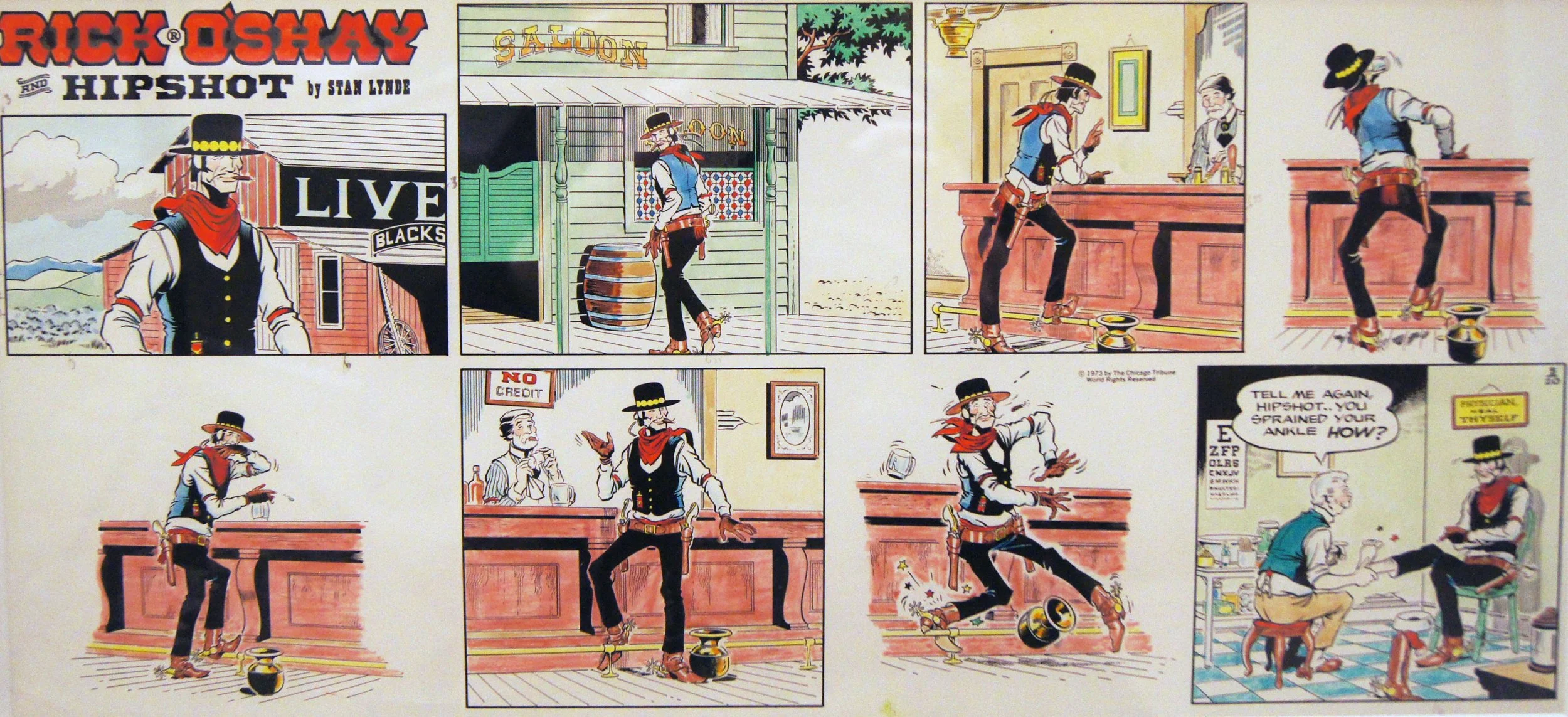 Stan Lynde (1931-2013) “untitled, Rick O’Shay Cartoon”, 1973, ink on paper, gift of Nelda Lee, 1999 (19 W x 8 7/8”H) 
