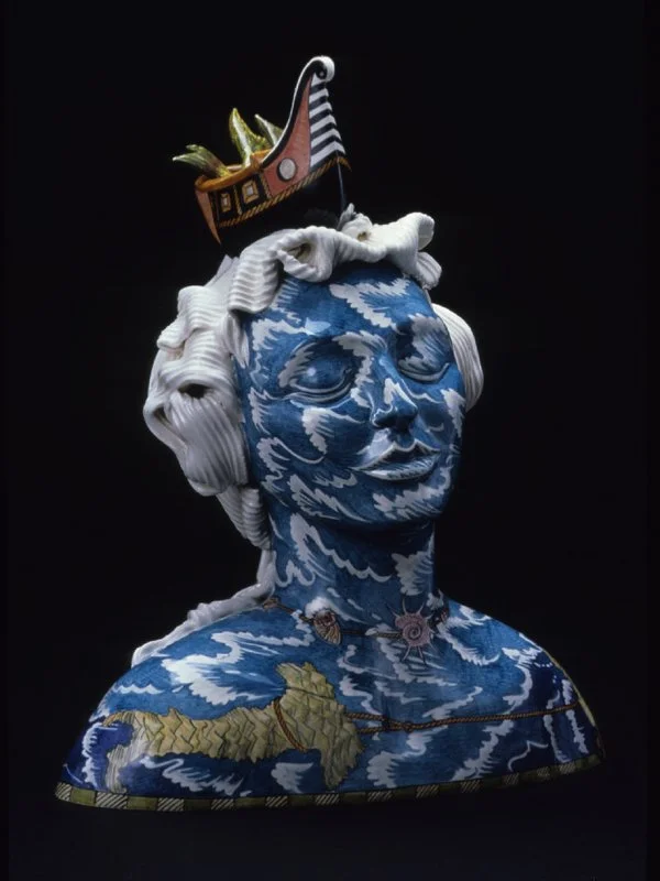 Connie Kiener (American 1945) “Fish Tales”, 2003, Hand build maiolica ceramic, gift of the artist, 2004 (19’’ H x 17’’ W) 