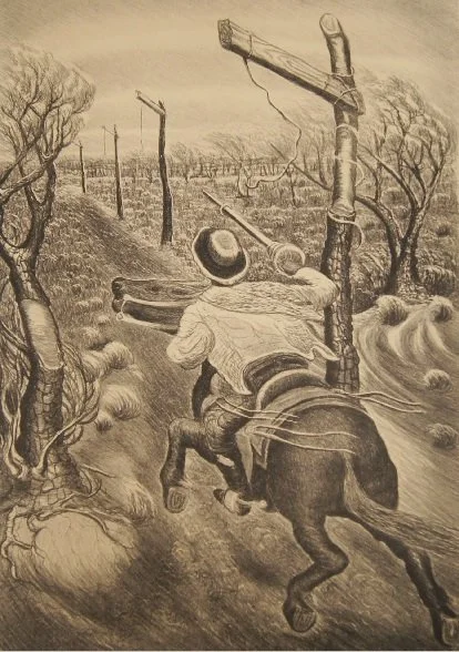 Merritt Mauzey (American 1897-1973) “Tournament Practice” ca. 1942, edition of 20 lithograph on paper, gift of Betty M. Dean, 2008 (16 1/4 ‘’ H x 11 3/8’’ W) 
