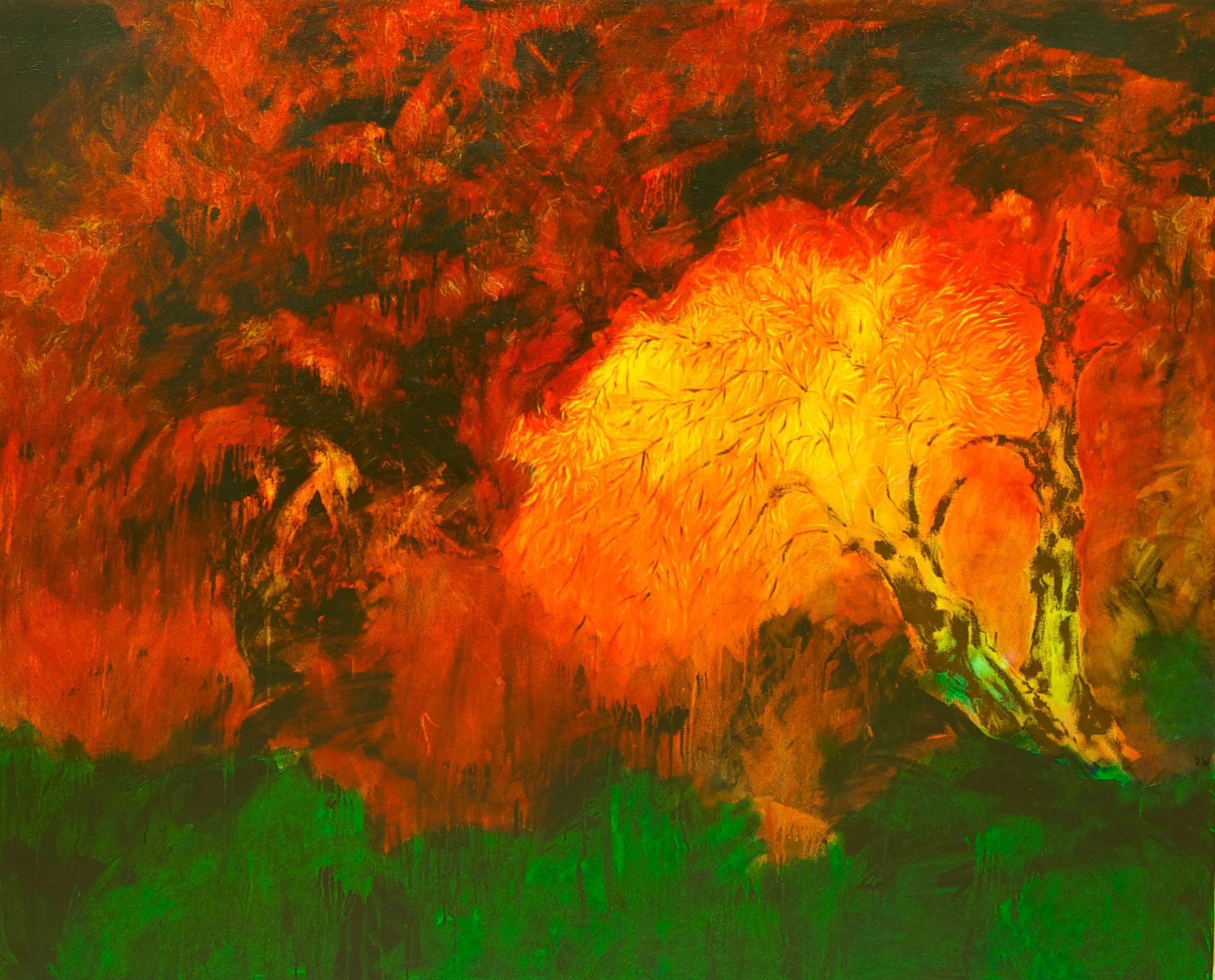 Dee Wolff (American 1948) “Fire Trees, Burton, Texas”, 1985-1986, acrylic on canvas, gift of the artist, 2006 (60’’ H x 72’’ W) 