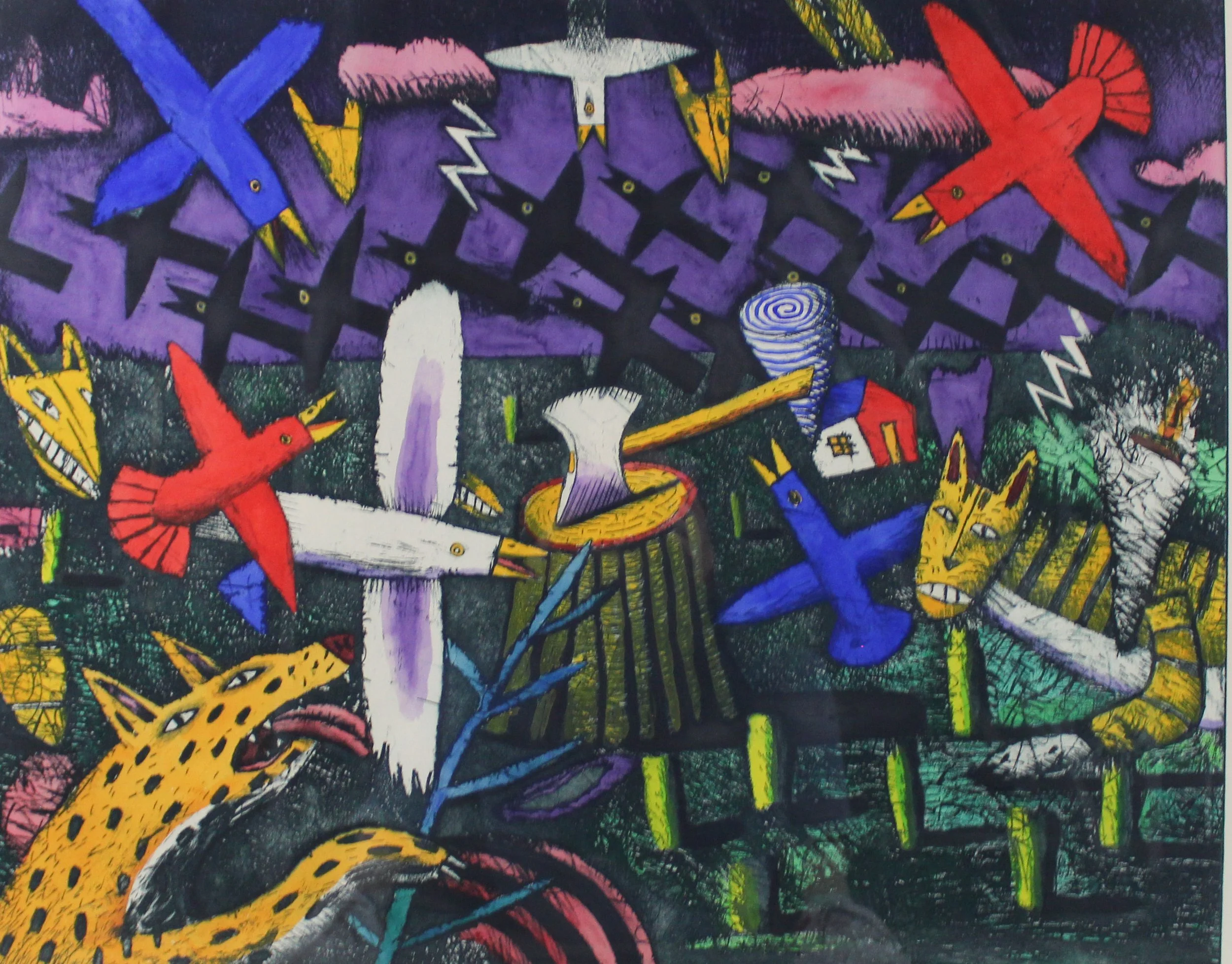 Billy Hassell (American 1956) “Storm Warnings”, 1989, hand colored etching on paper, gift of Dr. and Mrs. Karickhoff, 2009  (26’’ H x 31 ½’’ W) 