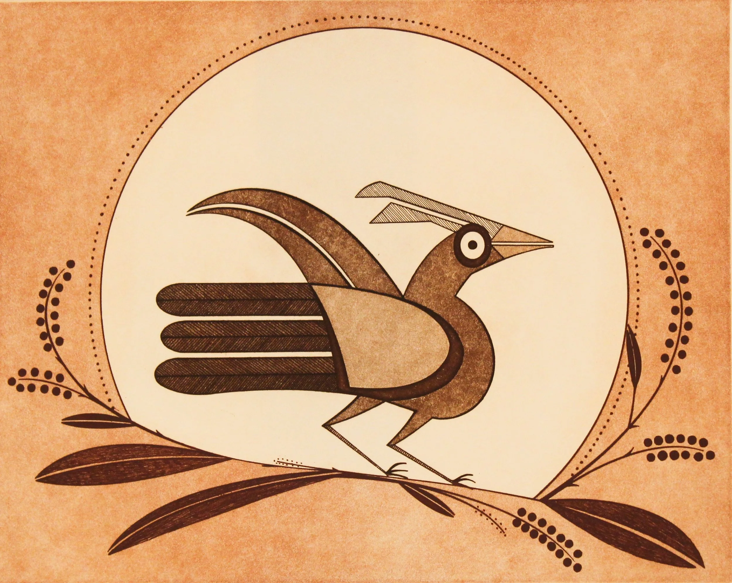 Helen Hardin (American 1943-1984) “Zia Bird”, 1980, edition 21 of 50, aquatint etching on paper, gift of Dan McGuinness and Mi-Kyoung Song, 2018 (14’’ H x 17 ¾’’ W)