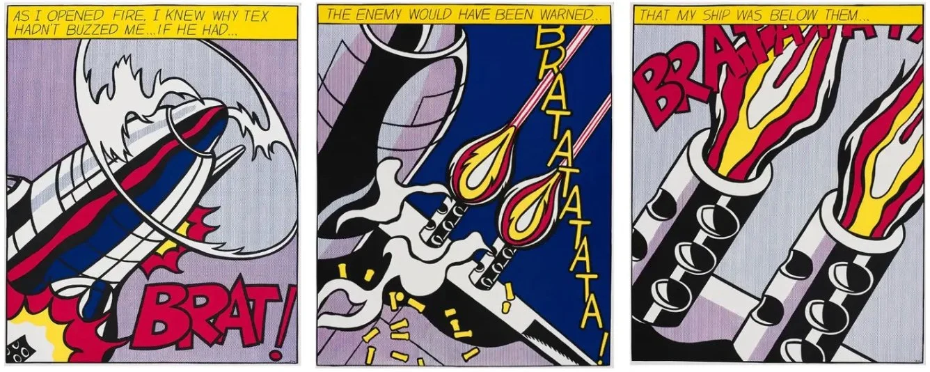 Roy Lichtenstein (American 1923-1997) “As I Open Fire”, 1966, edition of 3000, lithograph on paper, gift of Mike and Linda Tilton, 2012 (24’’ H x 58 ½’’ W) 