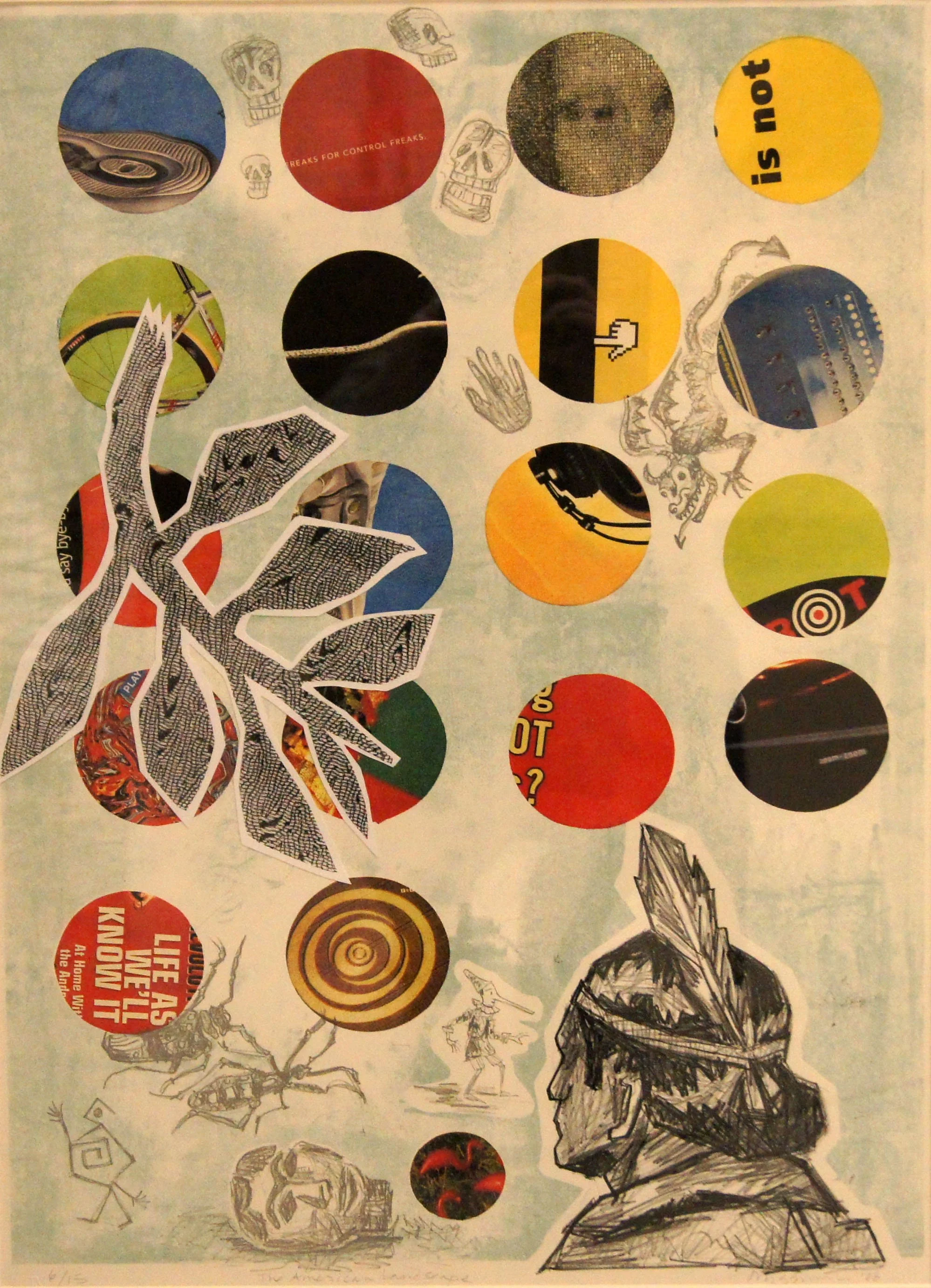 Jaune Quick-to-See- Smith (American 1940- 2025) “The American Landscape”, 2006, edition 6 of 15, collage, lithograph on paper, museum purchase, 2008 (28’’ H x 19 ½’’ W) 