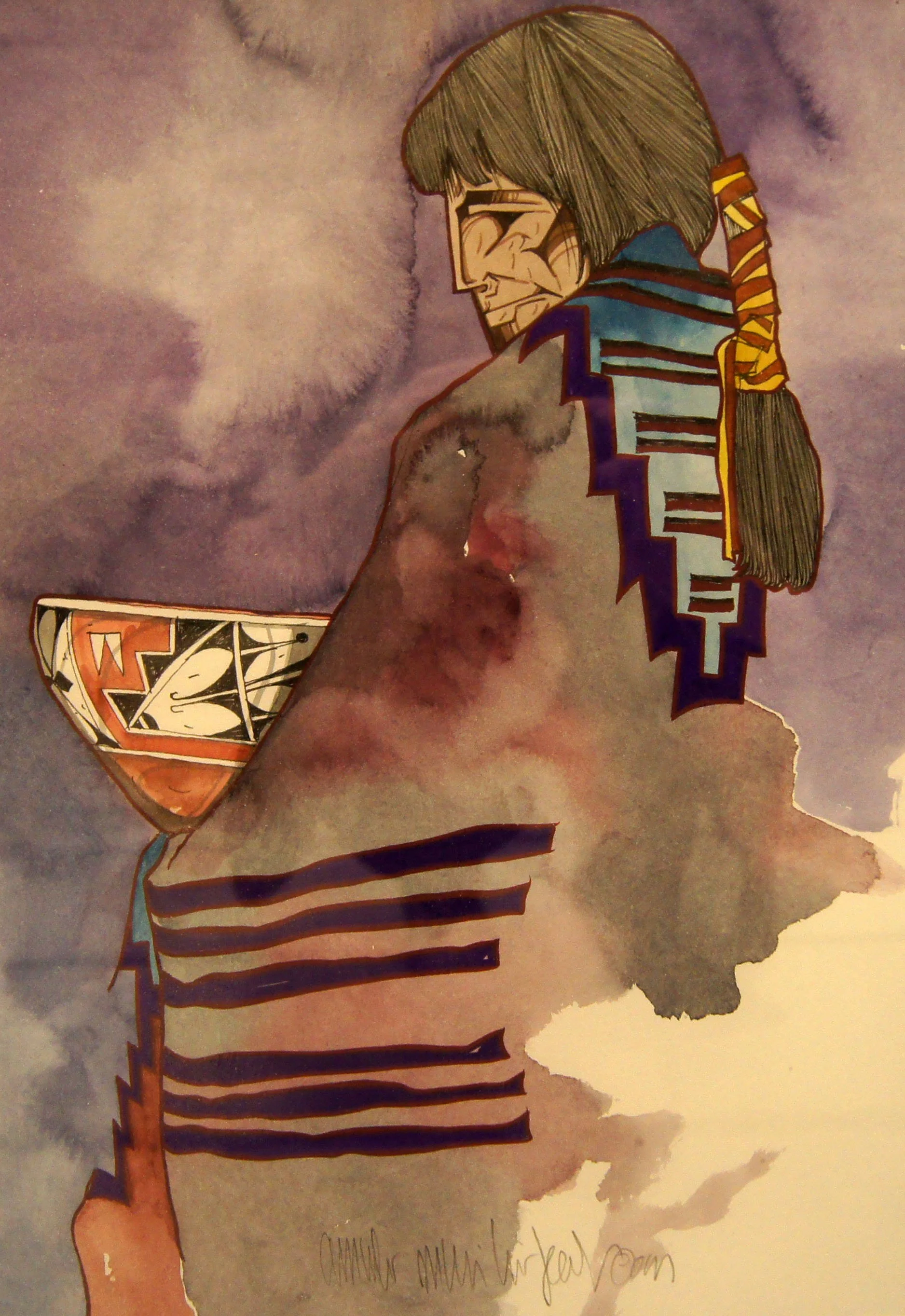 Amado Maurilio Peña Jr. (American 1943) “Mestizo Series: En Morado”, 2009, watercolor on board, gift of Mike and Linda Tilton, 2017 (14’’H x 10’’W) 