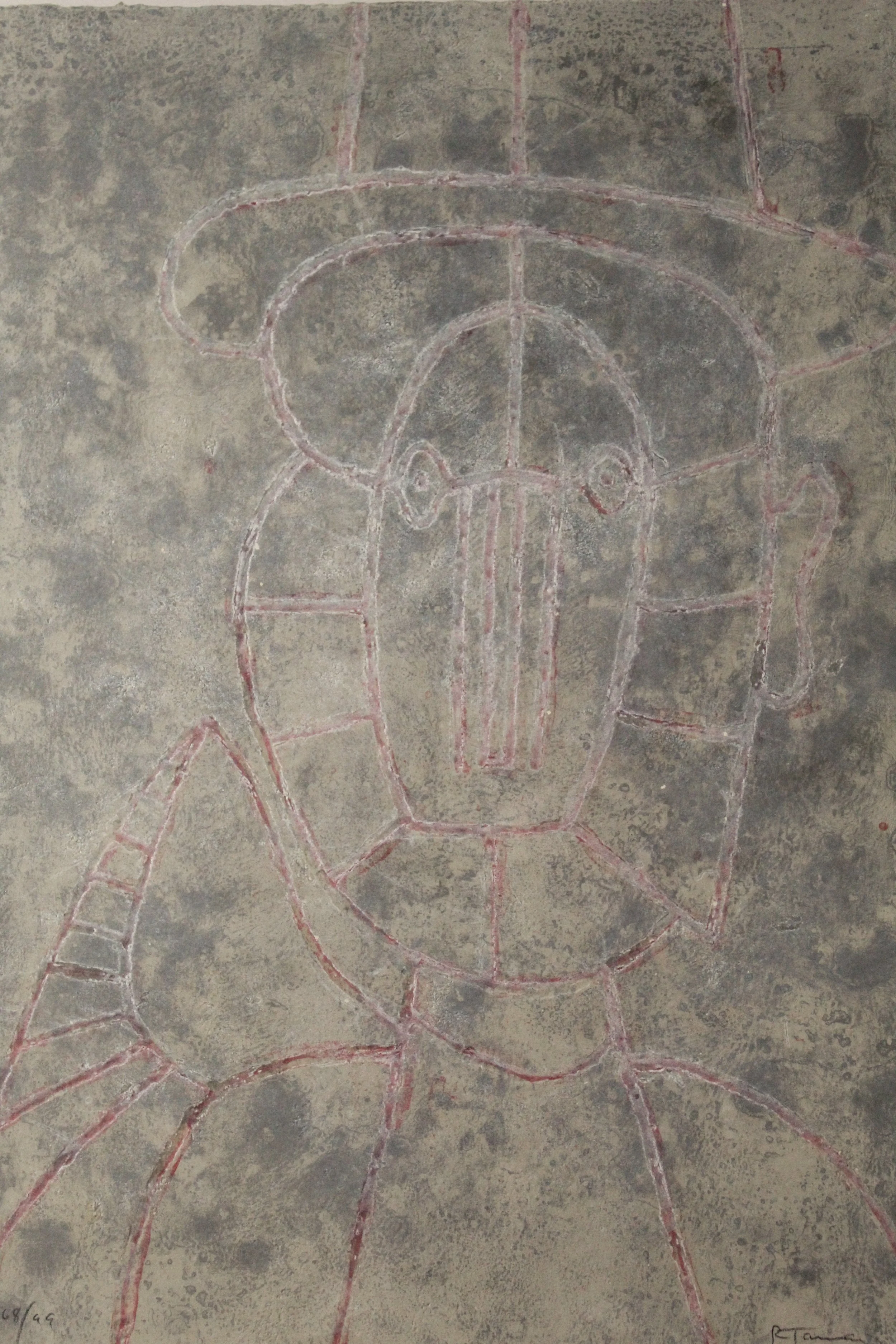 Rufino Tamayo (Mexican 1899-1991) “Cabeza en Fondo Gris”, 1979, edition 68 of 99, etching on paper, gift of Jeff Parker, 1998 (29 ½’’ H x 22’’ W)