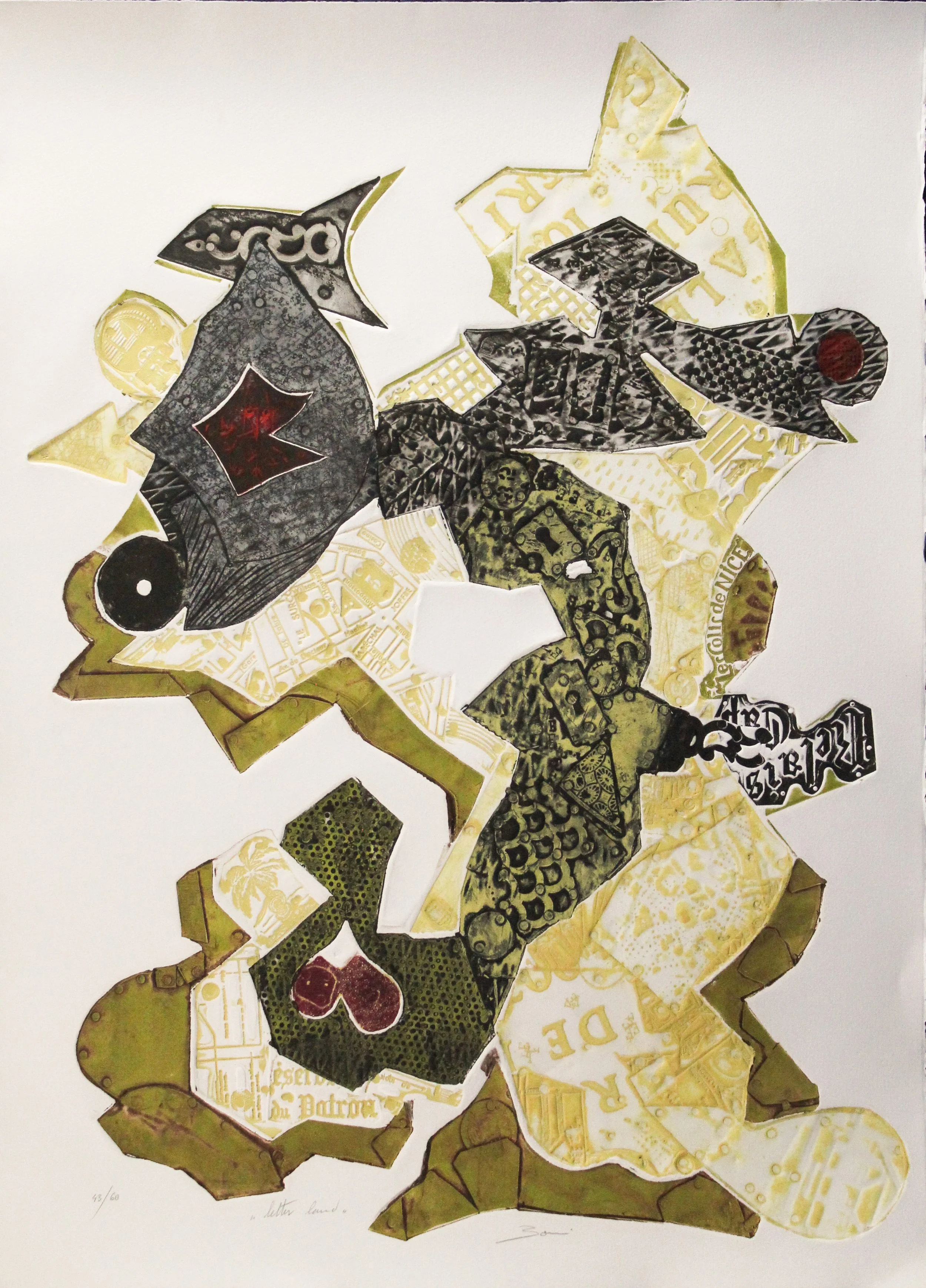 Paolo Boni (Italian 1926-2017) “Letter Land”, 1982, edition 43 of 60, etching and graphic sculpture on paper, gift of Mike and Linda Tilton, 2018 (29 3/4'' H x 22 1/4'' W)