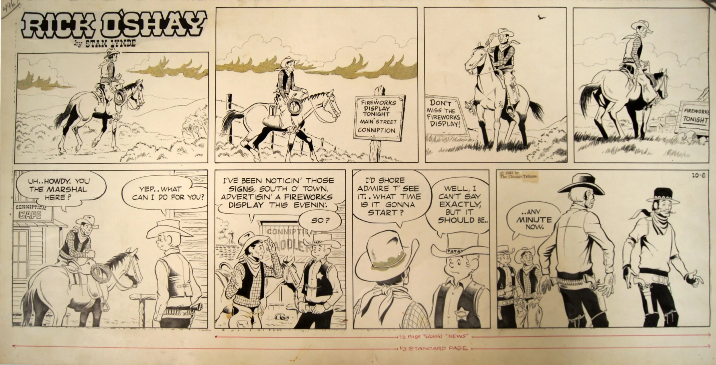 Stan Lynde (1931-2013) “untitled, Rick O’Shay Cartoon”, 1963, ink on paper, gift of Nelda Lee, 1999 (28 ¼ ‘’ W x 14 ¼’’ H) 