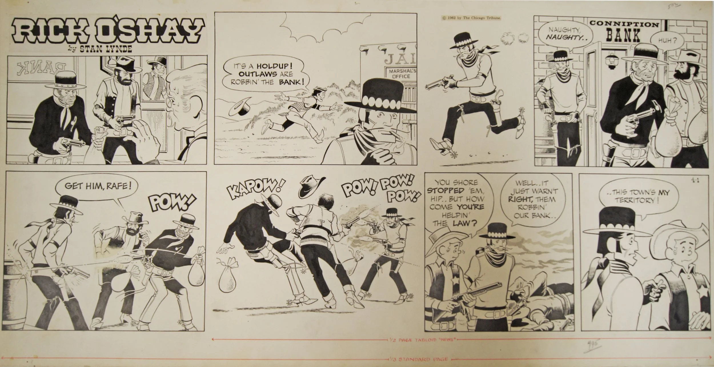 Stan Lynde (1931-2013) “untitled, Rick O’Shay Cartoon”, 1962, ink on paper, gift of Nelda Lee, 1999 (28 3/8’’ W x 14 ½ H) 