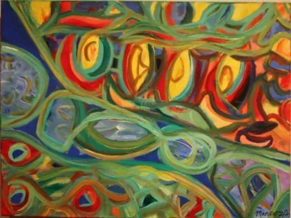George Mendoza (American 1955) “Flowing River”, 2004, acrylic on canvas, gift of the artist, 2013 (18’’ H x 24’’W) 