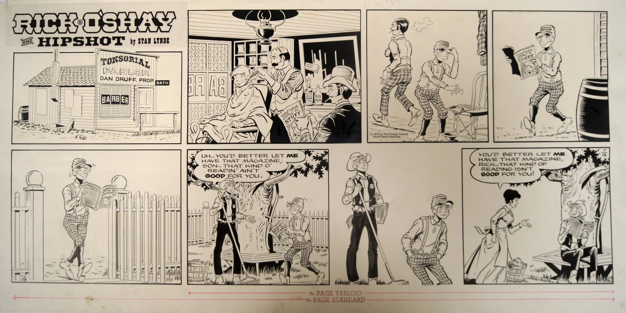 Stan Lynde (1931-2013) “untitled, Rick O’Shay Cartoon”, 1973, ink on paper, gift of Nelda Lee, 1999 (29 W x 14 1/4”H) 