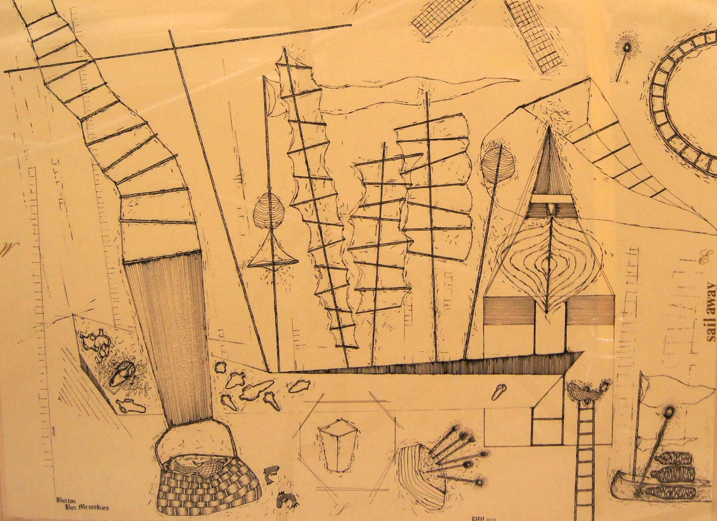 Dee Wolff (American 1948) “Button Box Memories #38”, 2000, ink on paper, gift of the artist, 2006 (22 1/2’’ H x 30’’ W) 