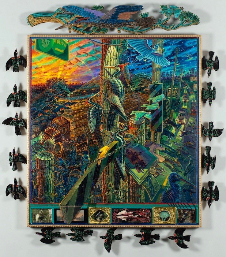 Mark Messersmith (American 1955) “Those Left Behind”, 2013, oil on canvas with carved wooden top and side parts and mixed media predellas boxes, gift of the artist, 2024 (91’’ H x 80’’ W) 