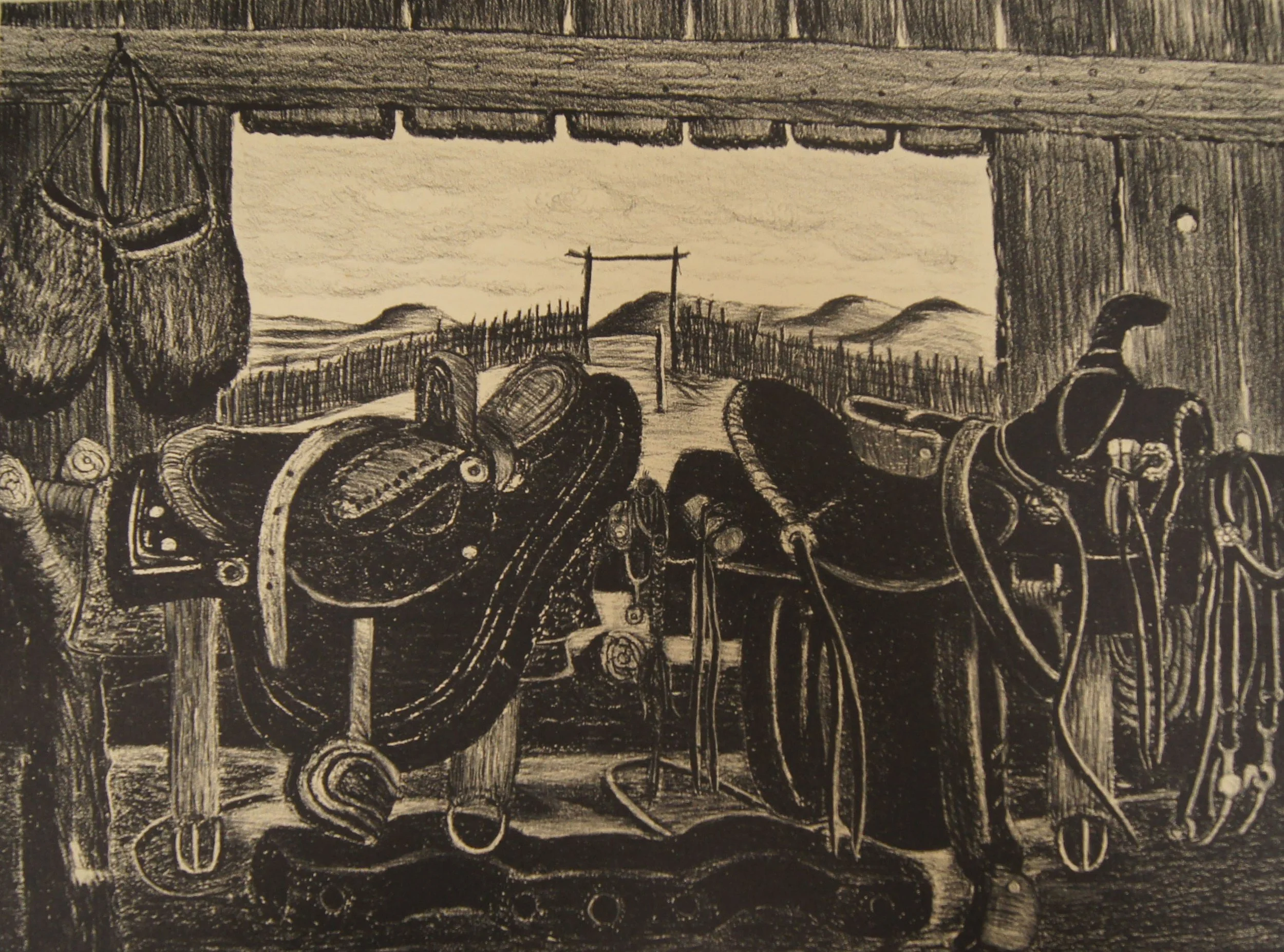 Merritt Mauzey (American 1897-1973) “Boatwright Ranch” ca. 1946, edition of 22, lithograph on paper, gift of Betty M. Dean, 2008 (10’ 1/8’ H x 13 5/8 W) 