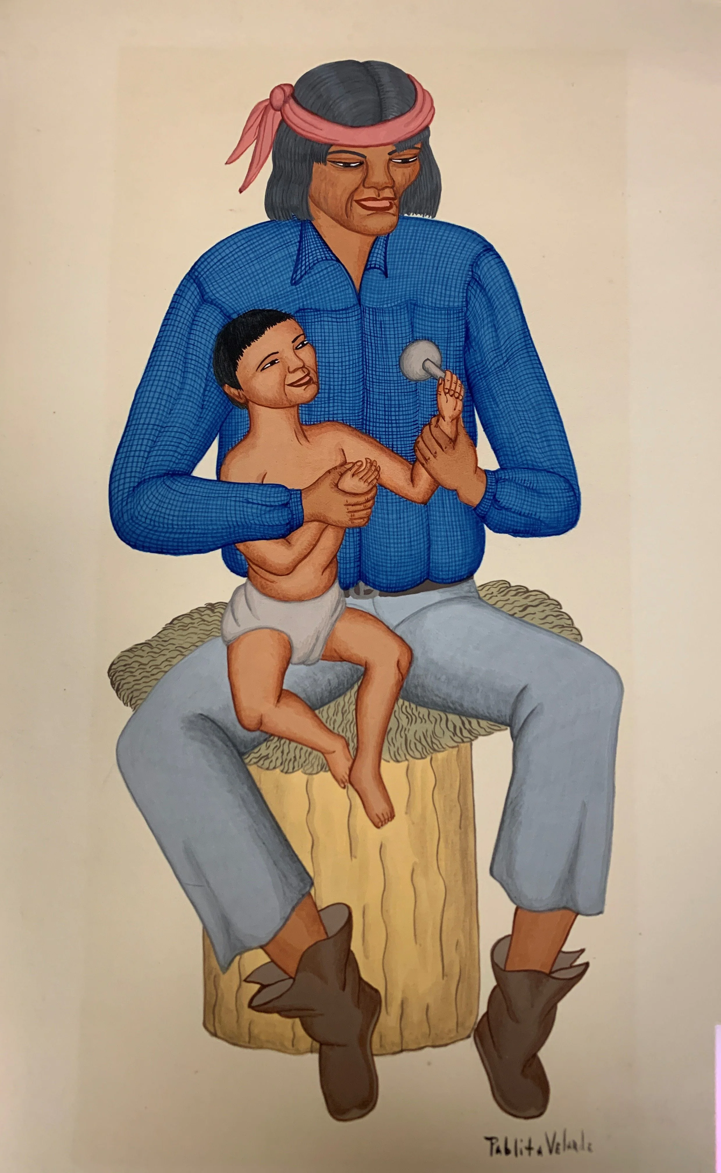 Pablita Velarde (American 1918-2006) “Father and Child”, ca. 1950, casein paint on paper, 2019, gift of Dan McGuinness and Mi-Kyoung Song, 2019 (14’’ H x 8’’ W) 