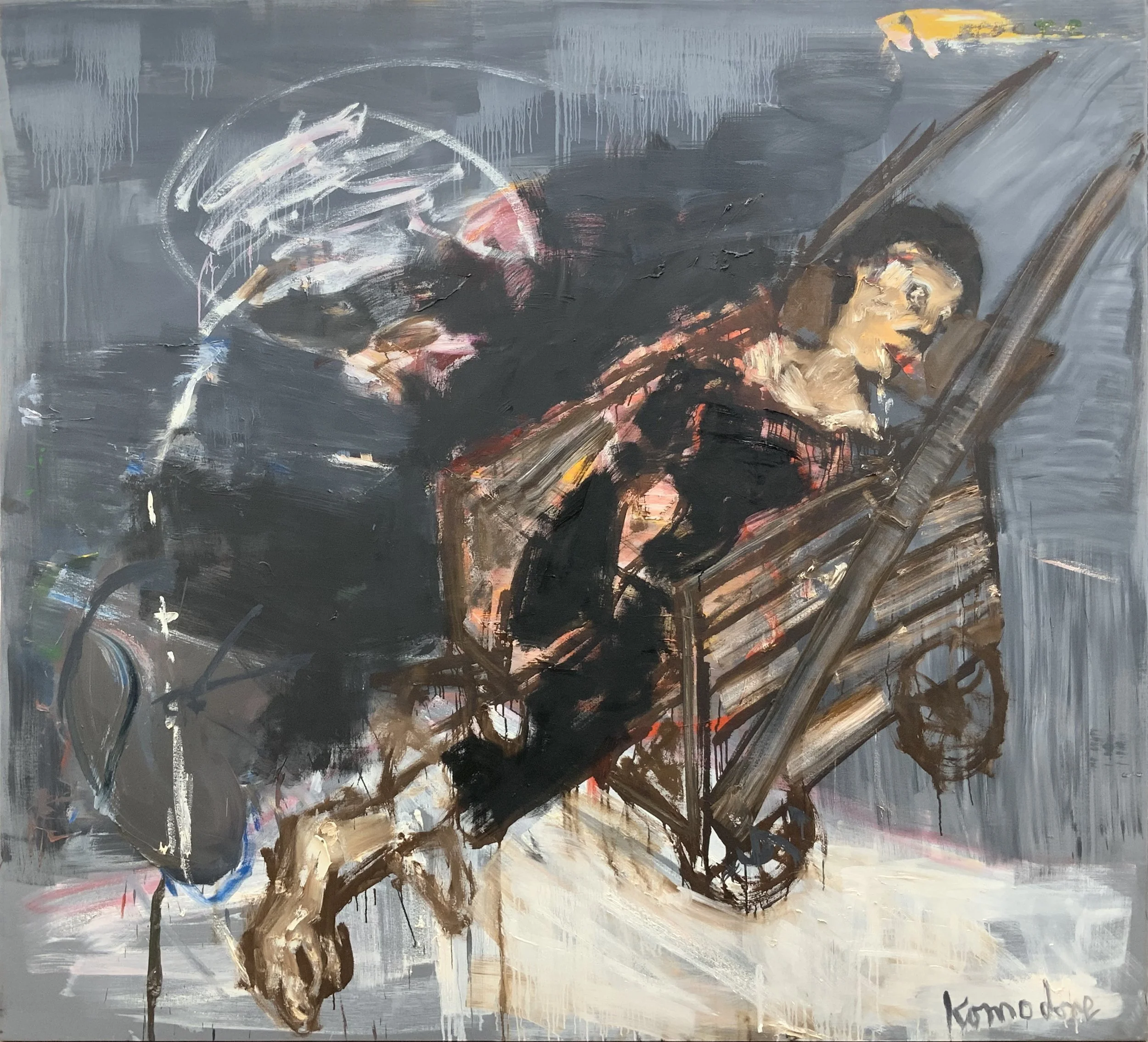 Bill Komodore (Greek/American 1932-2012) “Homage to a Painter”, 1990, oil on canvas, gift of the Old Jail Art Center, 2023  (78’’ H x 86’’ W) 