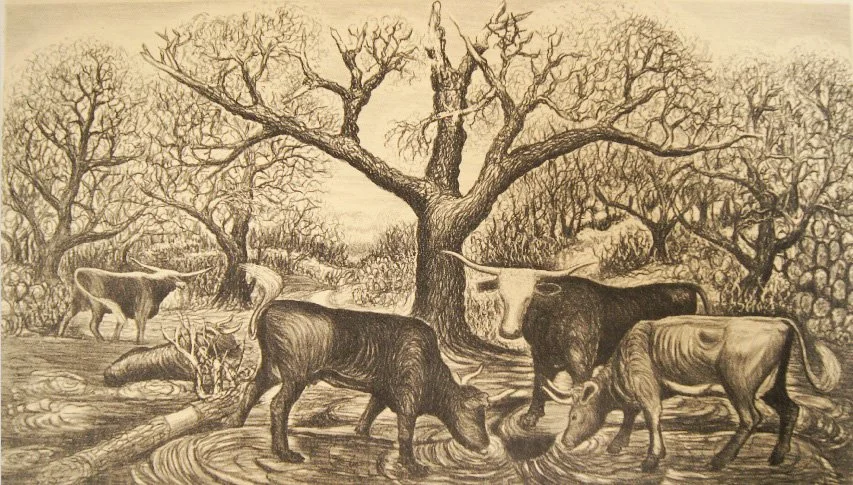 Merritt Mauzey (American 1897-1973) “Salt Lick”, ca.1947, edition of 16, lithograph on paper, gift of Betty M. Dean, 2008 (8 1/4 ‘’ H x 14 ¼’’ W) 