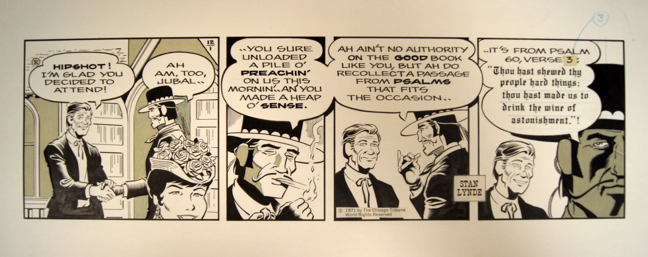 Stan Lynde (1931-2013) “untitled, Rick O’Shay Cartoon”, 1971, ink on paper, gift of Nelda Lee, 1999 (18 W x 7 5/16”H) 