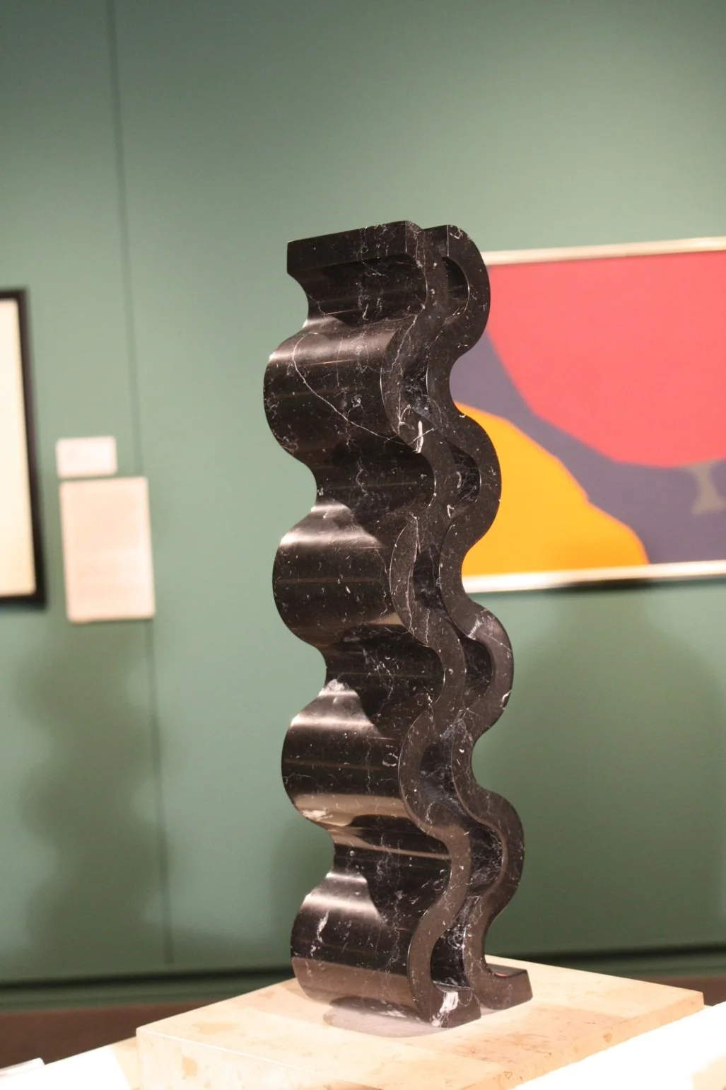 William Crovello (American 1929-2021) “Black Fountain”, 1971, marble on granite base, gift of Jeff Parker, 1998 (19’’ H x 9 ¾’’ W x 9 ¾’’ D) 