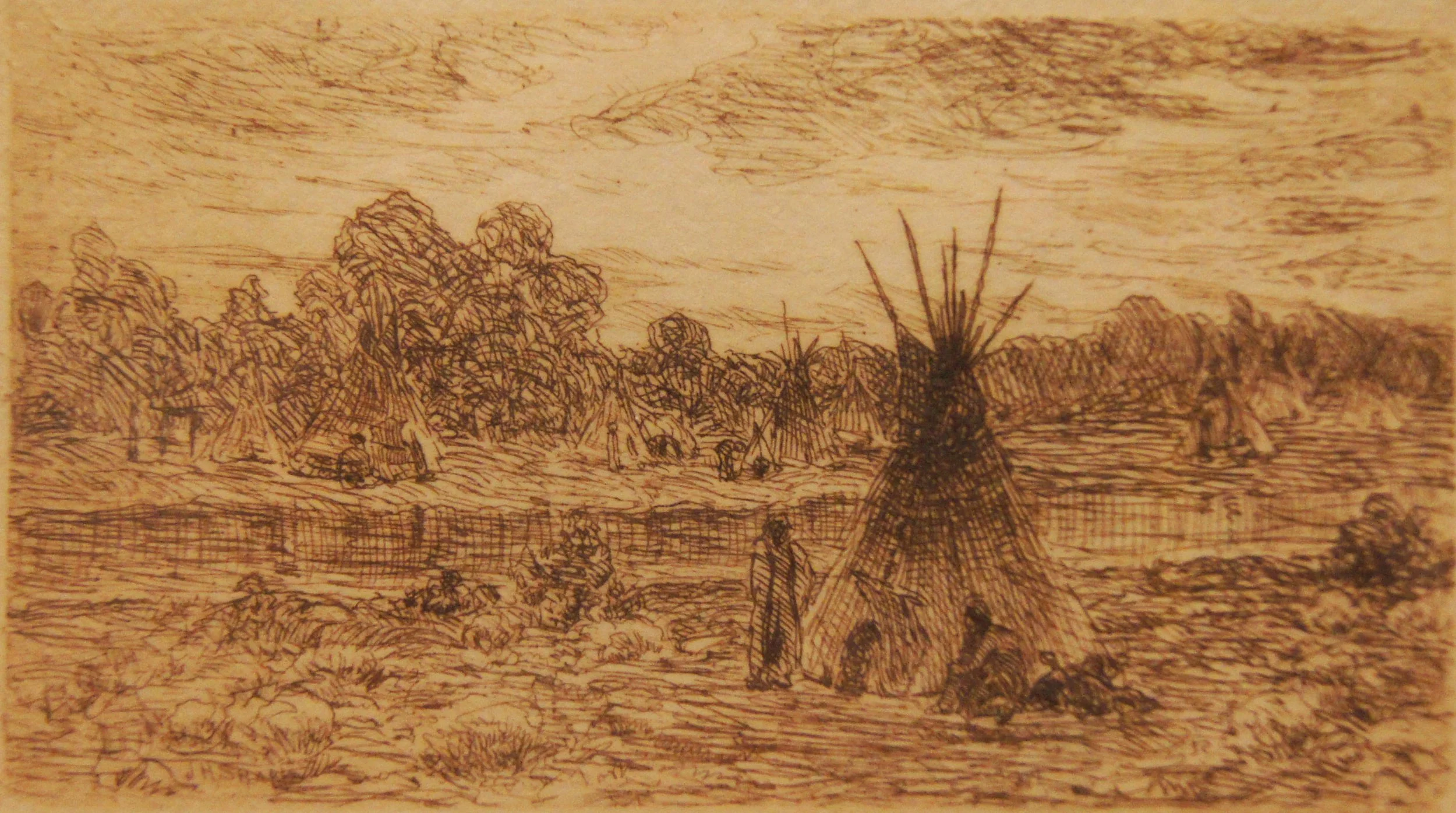 Joseph Henry Sharp (American 1859-1953) “Camp on the Little Horn”, ca 1910, edition 44 of 227, etching on paper, gift of Mike and Linda Tilton, 2017 (3 ¾’’ H x 5’’ W)