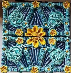 Diana Kersey (American 1971) “Bat Brick with Yellow Flowers”, 2018, earthenware with underglaze and alkaline glaze, museum purchase, 2019 (16 1/2 ‘’ H x 15 ¼’’ W)  