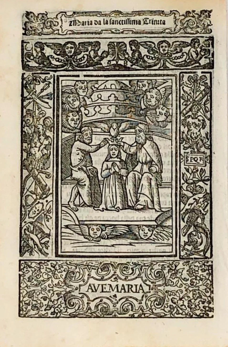 Attributable to Friar Alberto da Castello (Italian approx 1450-1522)
"Rosario della Gloriosa Vergine Maria", 1556 "Coronation of the Virgin", woodblock print on paper, museum purchase, 2022 (6'' H x 4'' W) 
