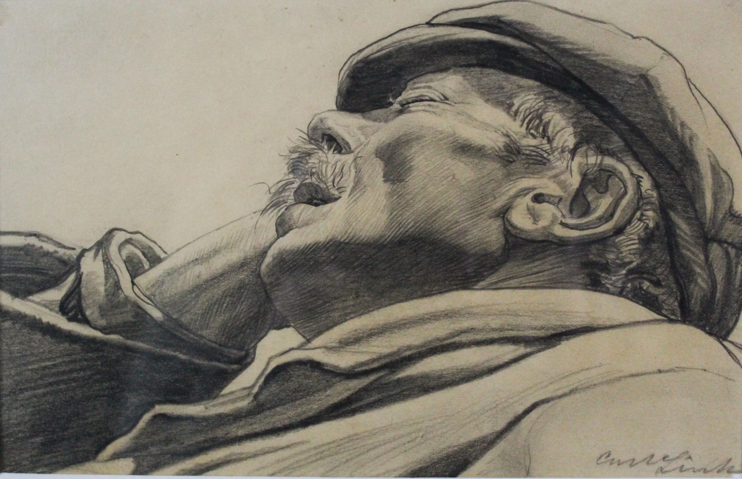 Carl Link (German/American 1887-1968) "Dozing Man", ca. 1910, graphite on paper,  gift of Mike and Linda Tilton, 2016 (5’ H x 7 1/2’’ W) 