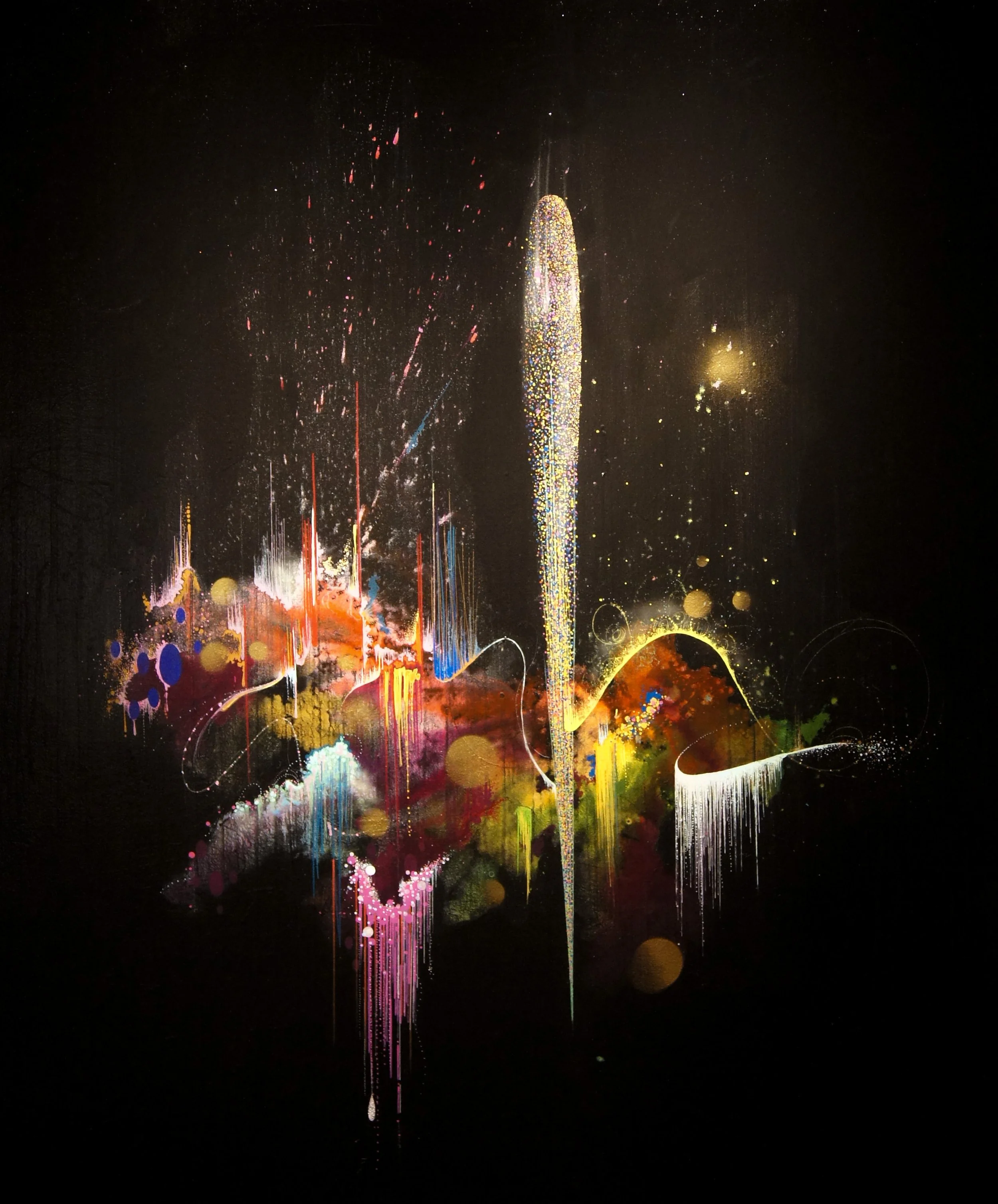 Bernal F. Koehrsen III (American 1969) “Stardust and Golden”, 2014, acrylic on canvas, gift of Mike and Linda Tilton, 2016 (71 ¾’’ H x 59 ¾’’ W) 