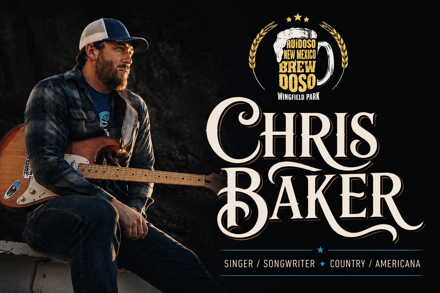 Promotional graphic for Brewdoso 2026 featuring country and Americana artist Chris Baker seated with an electric guitar against a dark backdrop. Large vintage-style lettering displays “Chris Baker” alongside the Brewdoso logo and “Wingfield Park.”