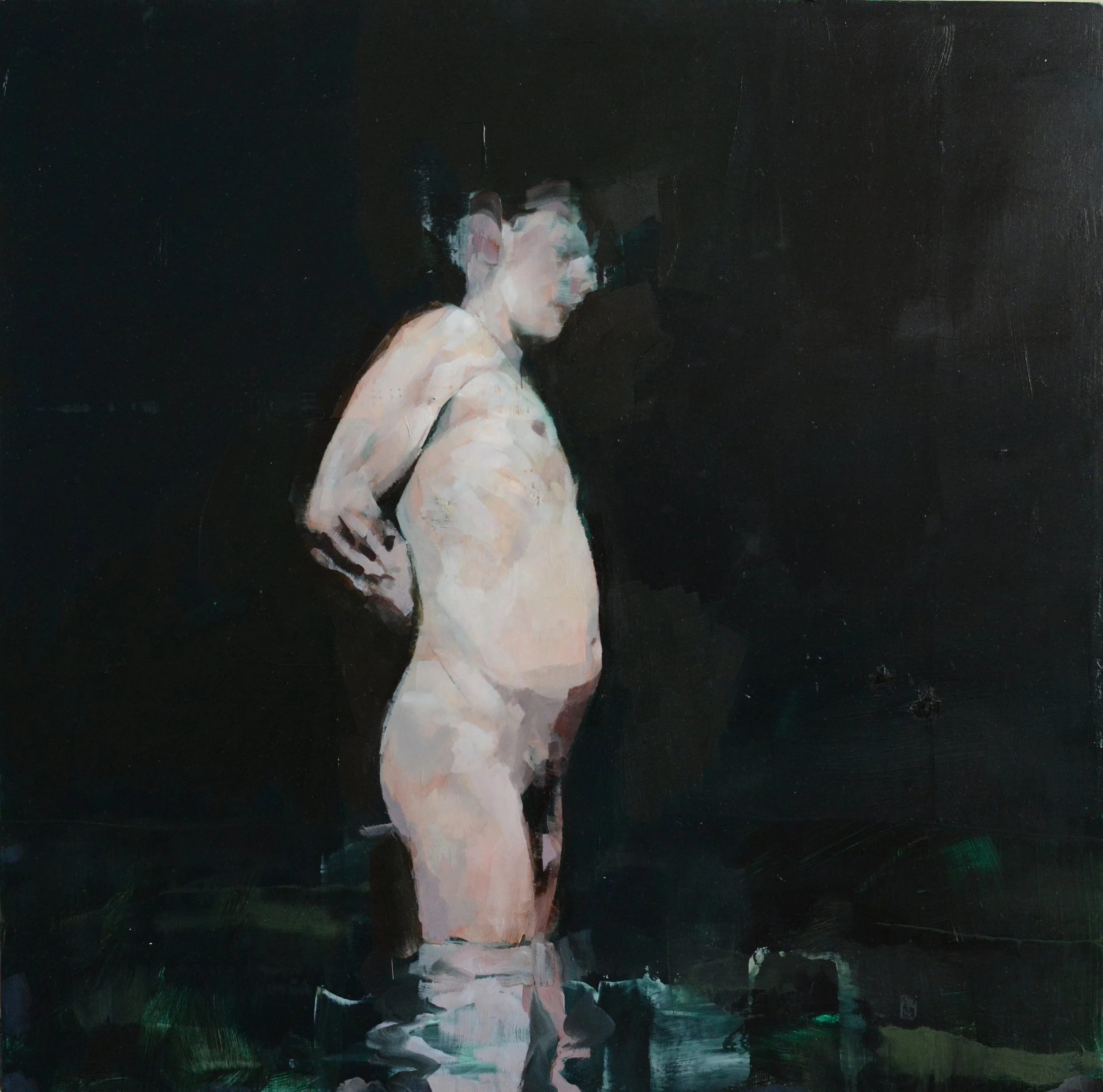 P.E., 
18" x 18", oil on wood