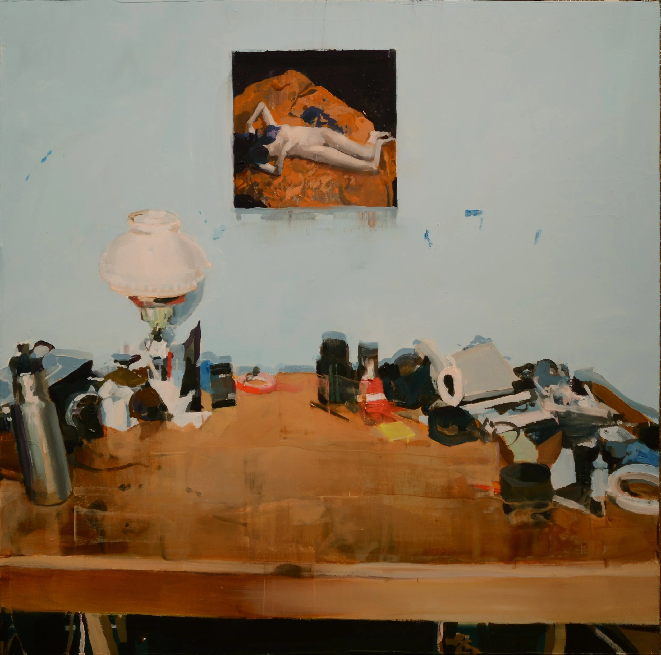 Messy Desk with Painting,  oil on wood, 18"x18"