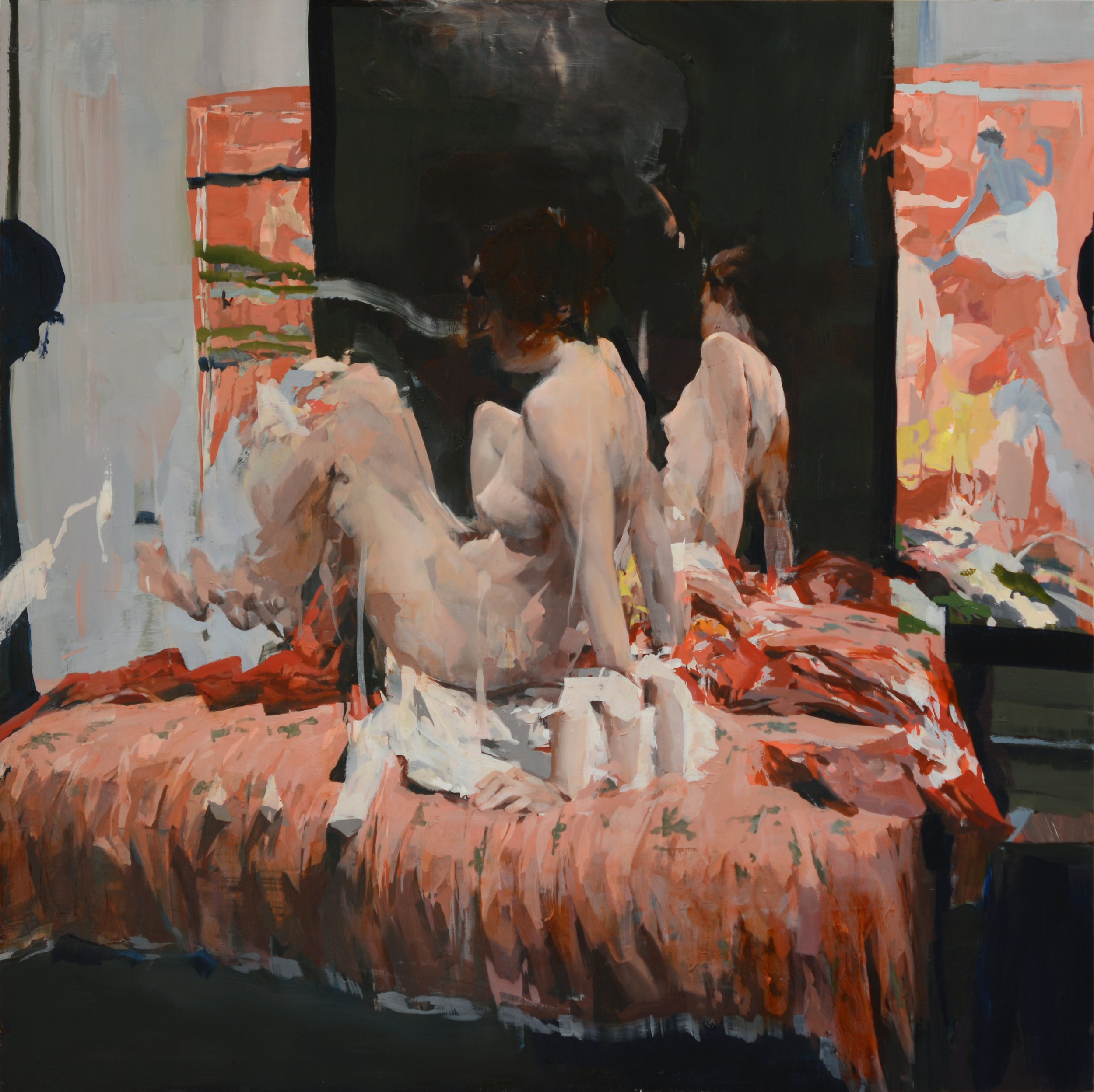 Model with Mirror and Mughal Tapestry, 48"x48", oil on wood