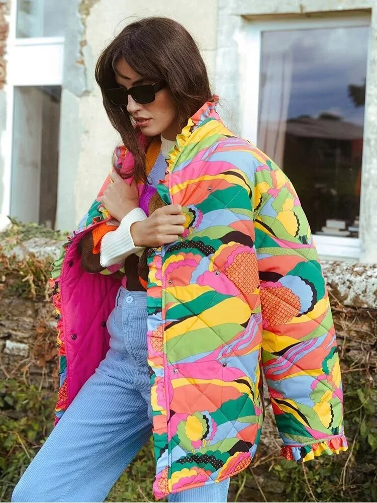 Multicolor Ruffles Women's Winter Parkas Long Coat