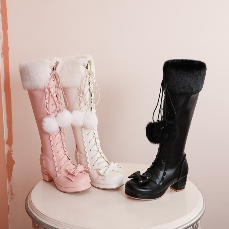 Women's Chunky Heel Lace-up Bow Leather Boots