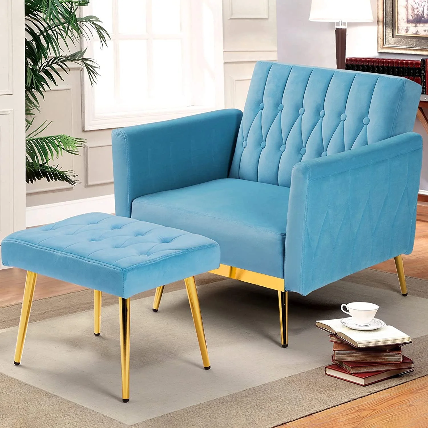 Luxurious Baby Blue Velvet Ottoman Armchair