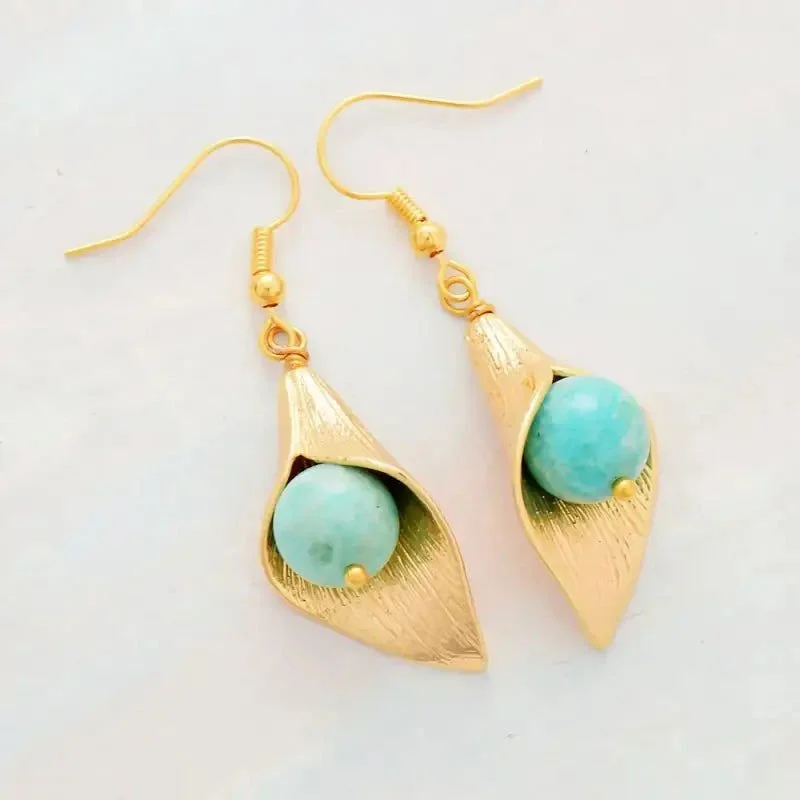 Gold Flower Amazonite Stones Earrings
