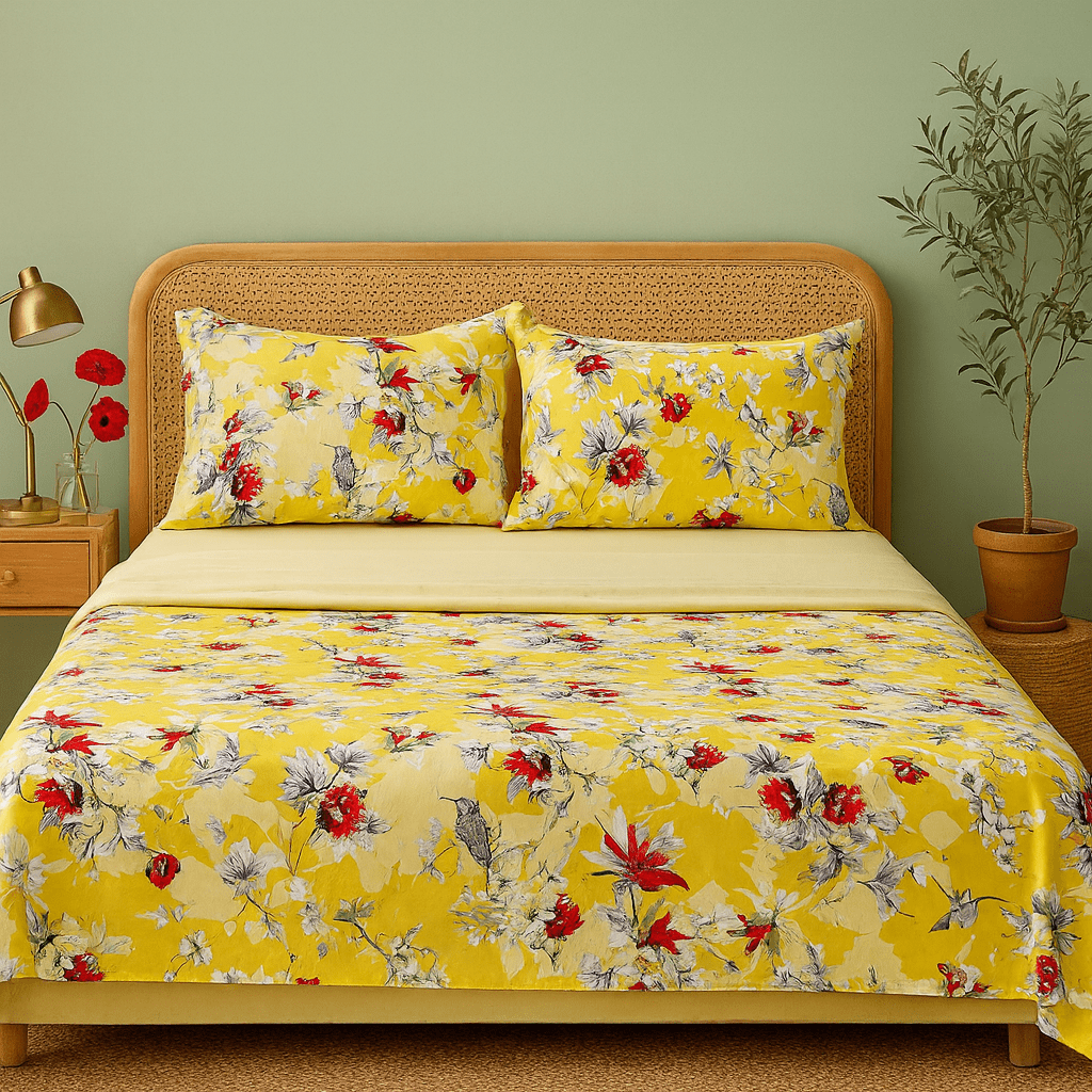 DaDa Bedding Sunshine Yellow Hummingbirds Floral Fitted & Flat Bed Sheets Set