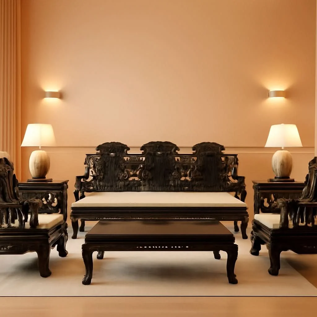 Dark Cherry Rosewood Mother Pearl Motif Living Room Set