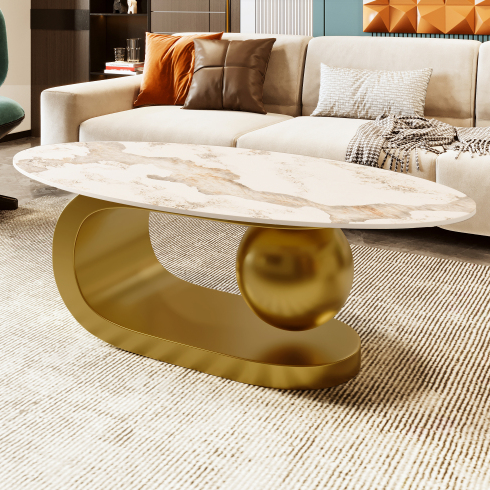 Marble Stone Modern Oval Golden Coffee Table