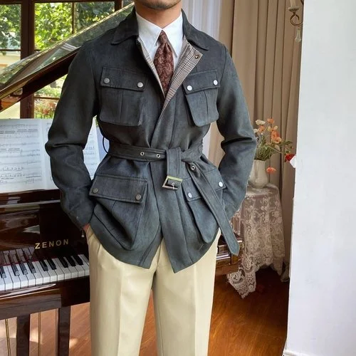 Men's Casual Suede Jacket With Belt