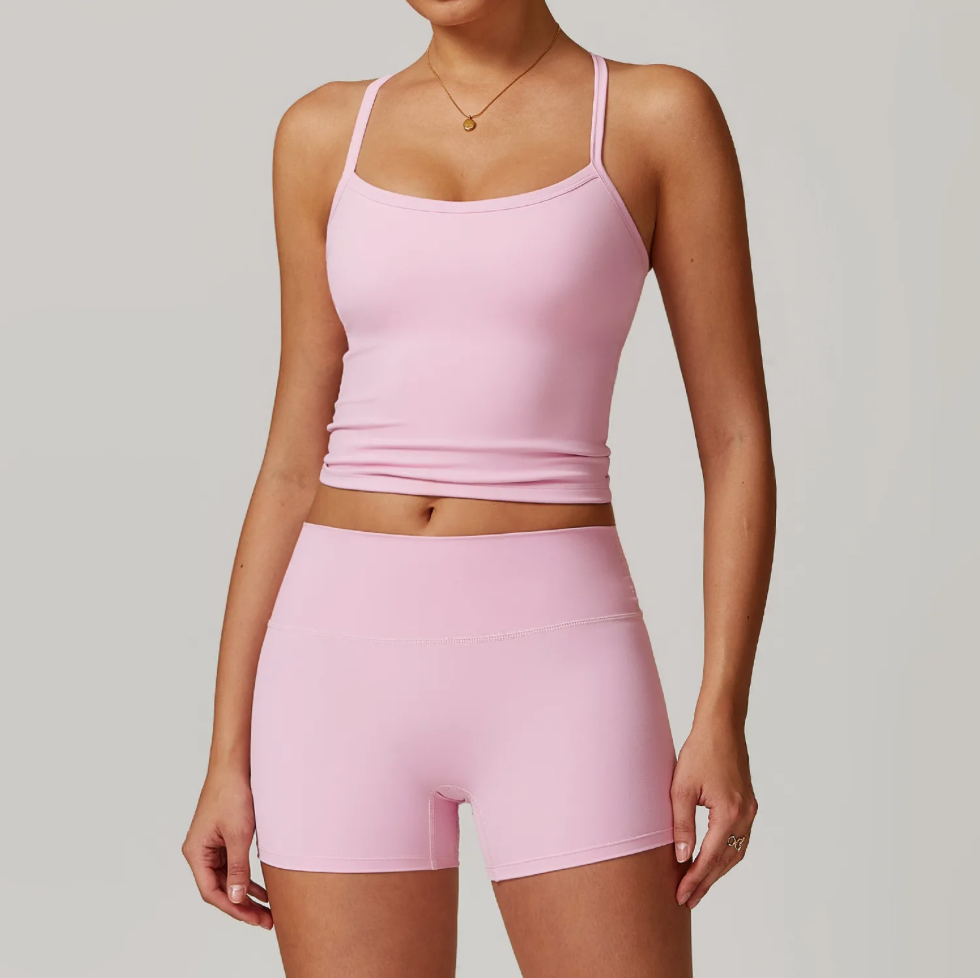 Women’s Yoga Outfit Lace Top Elastic Shorts Set