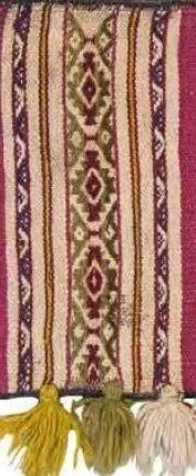 Bolivia. Meshwork Bag for cocoa or tobacco leaves. Dimensions: 24cm x 19cm. Early Republican period 1825-1900. Style: Southern Charkas Bolivar. Quechua culture .Lowlands Bolivia Chaco Region – Ayoreo. Camelid fibre. Warp-Faced weave. 18 attached tass