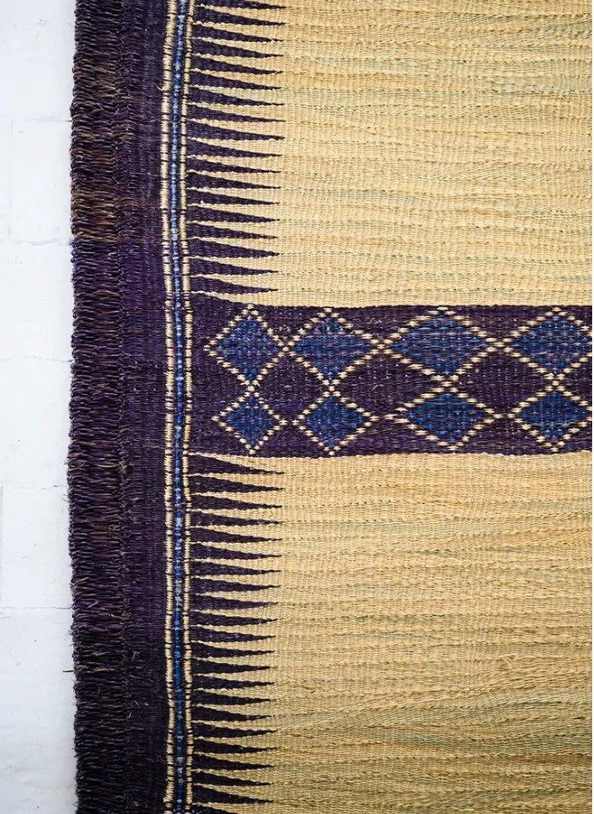 Tunisia. Halfa Rugs. Halfa grass, known also as esparto grass (Stipa tenacissima). Made by the artisans of the H’ssir El Halfa collective in the Kasserine Region of Western Tunisia, not far from the Algerian border.Border dyed in indigo. Rights Flint