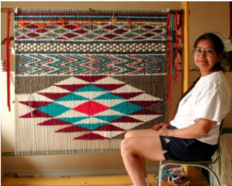 Vancouver. Musqueam peoples. Wool. Woven by Vivian Campbell in 2001. Now part of the collection of the University of British Columbia Museum for Anthropology.  Accessed via https://moa.ubc.ca/wp-content/uploads/2014/08/Sourcebooks-Weavers.pdf 