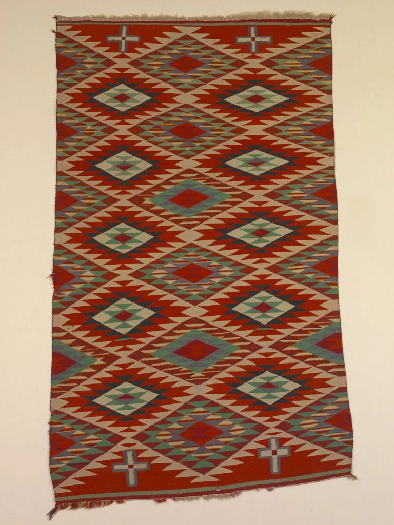 Arizona Desert Region. Navajo peoples. Blanket. Wool, Cotton. Dimension: 94 cm x 163cm. Tapestry weave. 1885-1890. Donated by Lowell Mrs Walter. Part of the Collection of the American Museum of Natural History. Accessed via  https://exhibitions.bgc.b