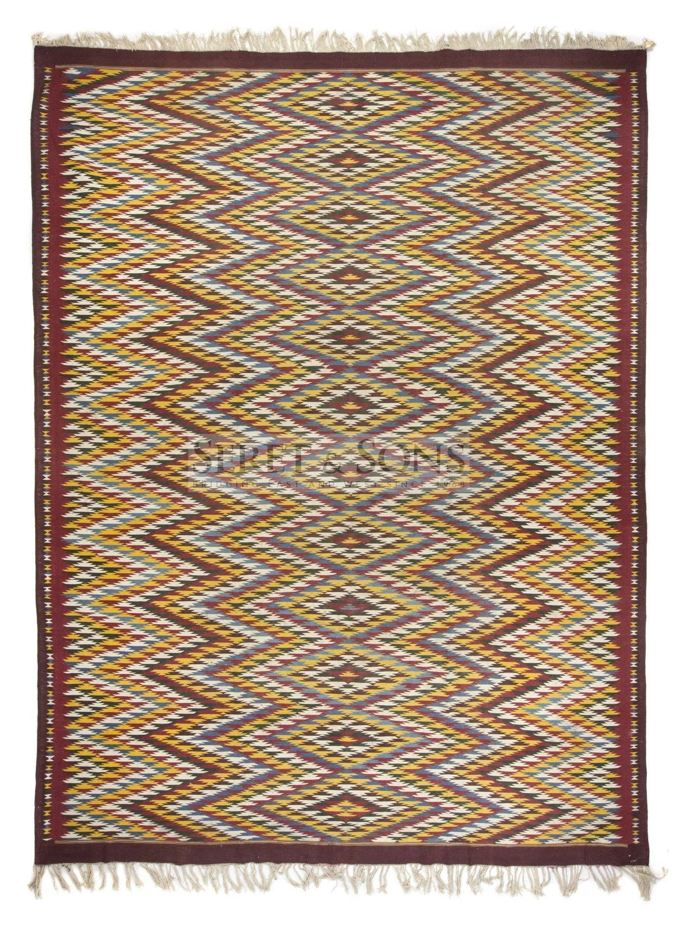 Afghanistan. Dhurrie. Mazar-i-Sharif region. Dimensions 274 x 365. Wool dyed with vegetal dyes. Rights of Seret & Sons. Accessed via https://seretandsons.com/product/antique-mazar-dhurrie-108-x-144