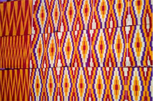 Ghana. “Nyame ne ma anidasoɔ” = “God is my hope”. Cotton Kente fabrics. Woven in 20-25cm long strips, then sewn together. Rights @Armah, L., Adjei, D., Menetey, B., and William, K. Accessed via https://www.scirp.org/journal/paperinformation?paperid=1