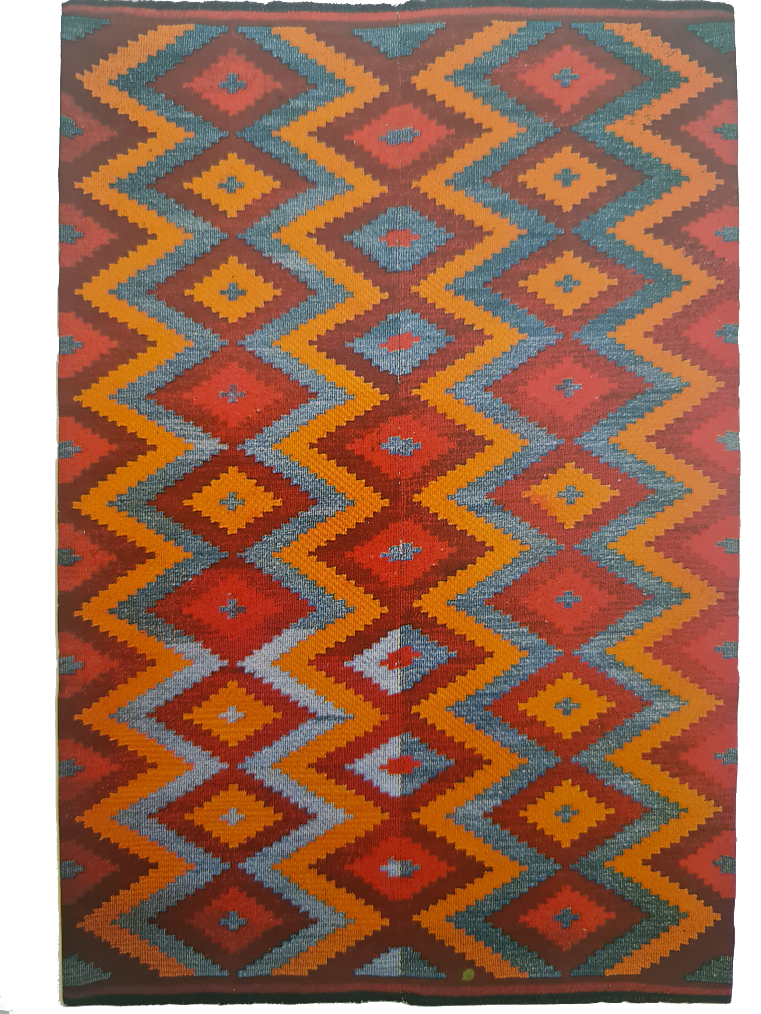 Rio Grande region. Blanket. 1880-1900, two widths seemed. Dimensions: 2.04m x 1.36m. Two-ply handspun wool: warp 2-ply handspun wool, weft 1-ply handspun wool. Colours: natural undyed light and dark, synthetic-dyed red, orange, turquoise. Spanish Col